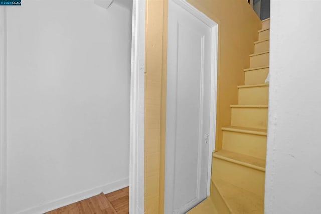 staircase featuring wood-type flooring