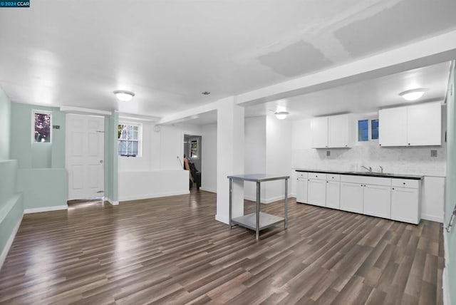 kitchen featuring dark hardwood / wood-style floors, tasteful backsplash, and white cabinetry