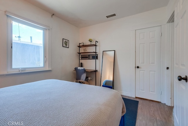 bedroom featuring wood-type flooring and a closet