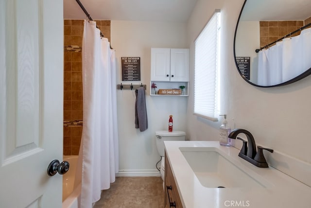 full bathroom with tile patterned flooring, vanity, toilet, and shower / bathtub combination with curtain