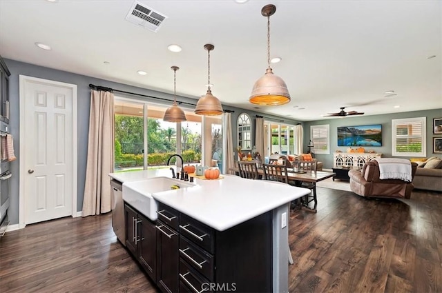 kitchen featuring decorative light fixtures, a healthy amount of sunlight, ceiling fan, and an island with sink