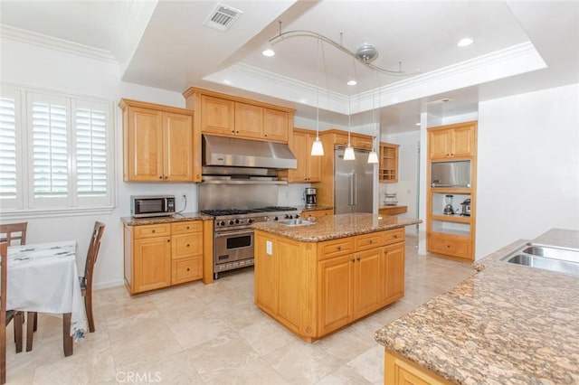 kitchen with a tray ceiling, a kitchen island, hanging light fixtures, and high quality appliances