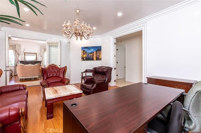 interior space with light hardwood / wood-style flooring, a chandelier, and ornamental molding