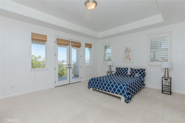 bedroom with a tray ceiling, multiple windows, carpet, and access to exterior