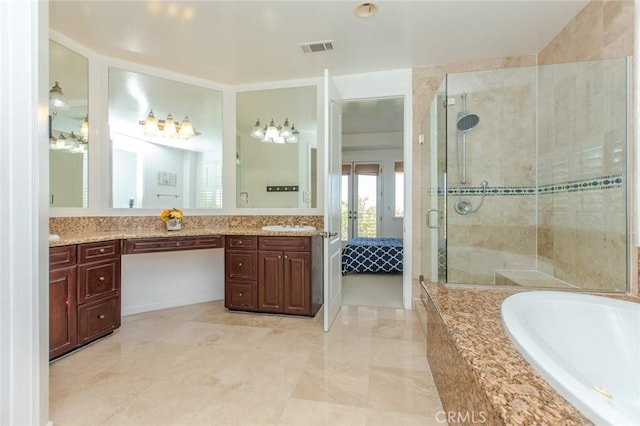 bathroom with vanity and plus walk in shower