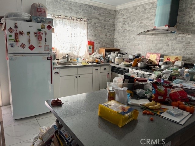 kitchen with white cabinetry, white refrigerator, crown molding, stainless steel dishwasher, and extractor fan