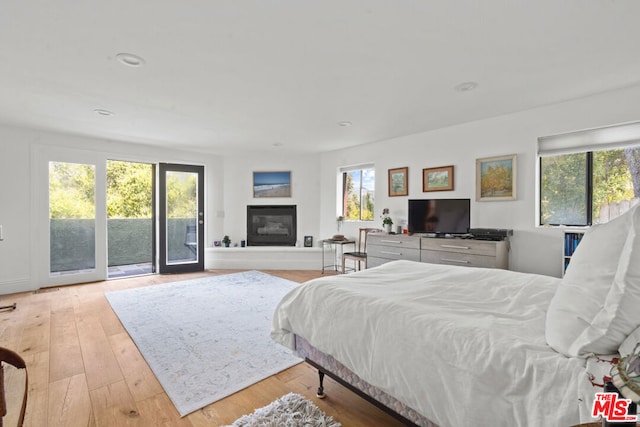 bedroom with multiple windows, light hardwood / wood-style flooring, and access to exterior