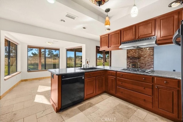 kitchen with black dishwasher, sink, stainless steel gas cooktop, and kitchen peninsula