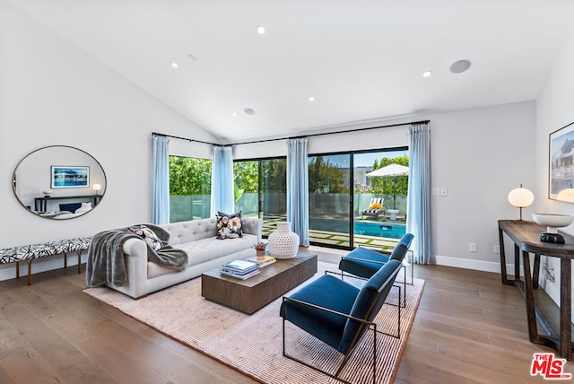 living room with lofted ceiling and hardwood / wood-style floors