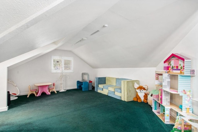 game room featuring lofted ceiling and dark colored carpet