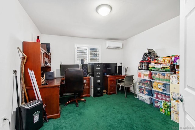 carpeted office space with a wall mounted AC