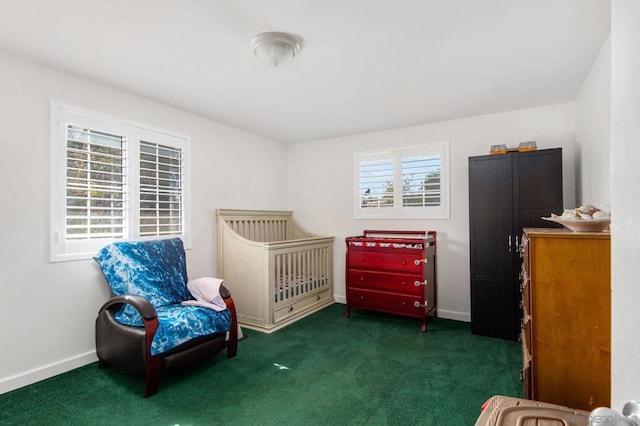 bedroom with dark carpet