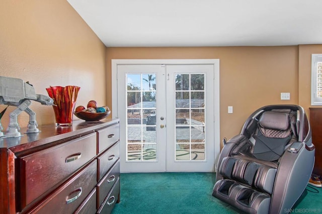 doorway with dark carpet and french doors