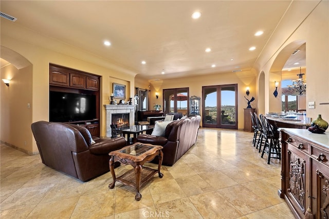 living room featuring french doors