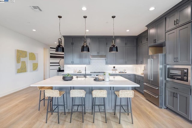 kitchen with stainless steel appliances, backsplash, pendant lighting, light hardwood / wood-style floors, and a kitchen island with sink