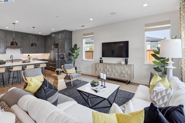 living room featuring sink and light hardwood / wood-style floors