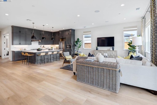 living room featuring light hardwood / wood-style flooring and sink