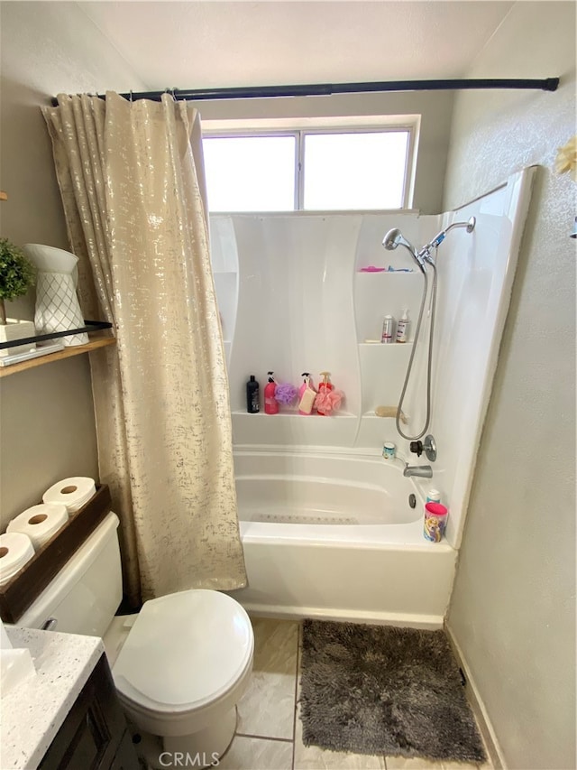 full bathroom featuring shower / bathtub combination with curtain, tile patterned flooring, vanity, and toilet