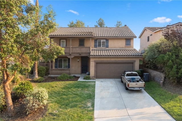 view of front of home featuring a garage, a balcony, and a front lawn