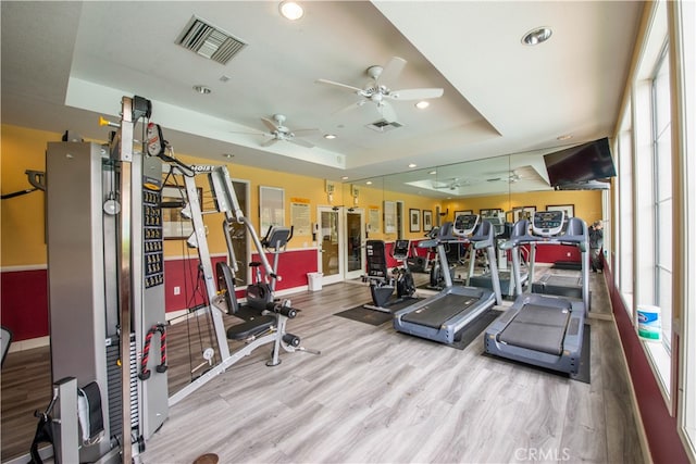 exercise room featuring ceiling fan, hardwood / wood-style flooring, a tray ceiling, and a wealth of natural light