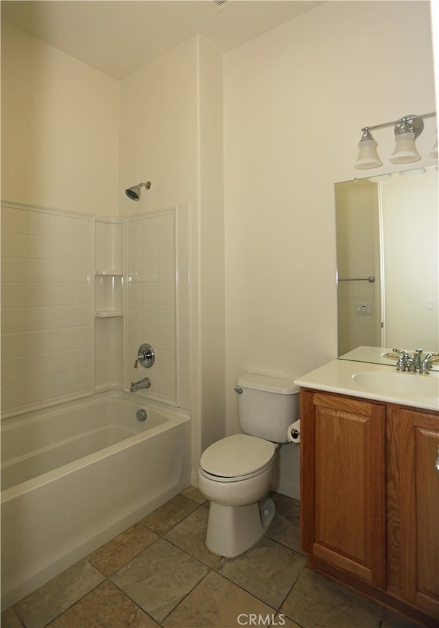 full bathroom featuring shower / tub combination, vanity, tile patterned flooring, and toilet