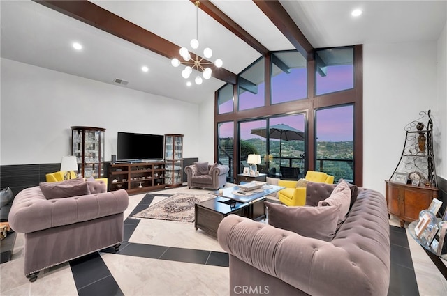 tiled living room featuring high vaulted ceiling, beam ceiling, and an inviting chandelier