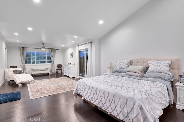 bedroom with crown molding and dark wood-type flooring