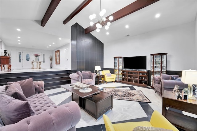 living room with high vaulted ceiling, a chandelier, and beamed ceiling