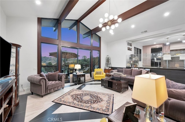 living room featuring an inviting chandelier, beamed ceiling, light tile patterned floors, and high vaulted ceiling