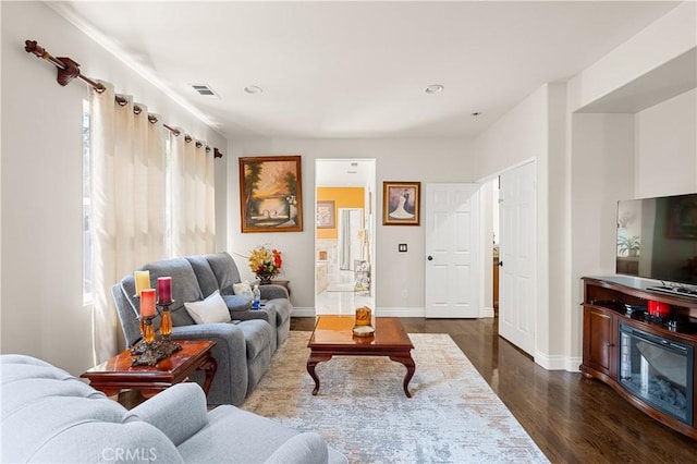 living room featuring dark wood-type flooring