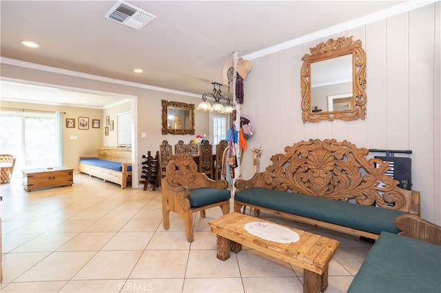 tiled living room with ornamental molding and wooden walls