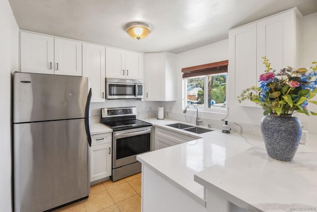 kitchen with light tile patterned flooring, sink, white cabinetry, kitchen peninsula, and appliances with stainless steel finishes