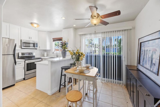 kitchen featuring stainless steel appliances, white cabinets, kitchen peninsula, and sink