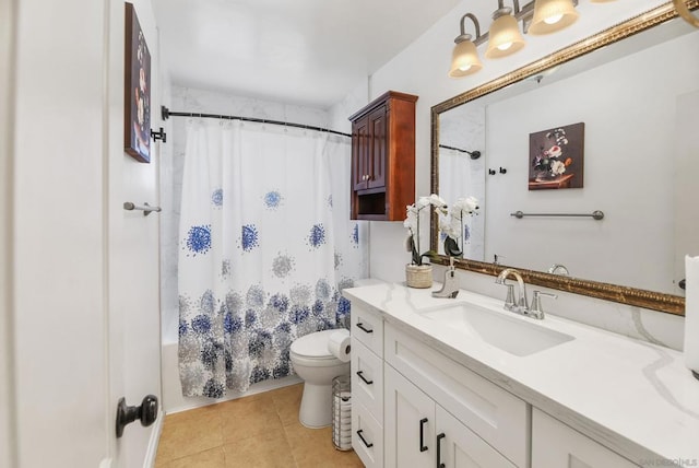 full bathroom with shower / bathtub combination with curtain, tile patterned floors, vanity, and toilet