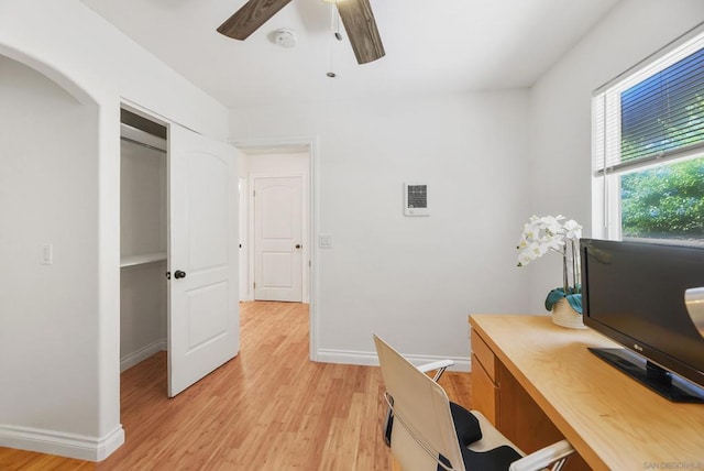 home office with ceiling fan and light hardwood / wood-style flooring