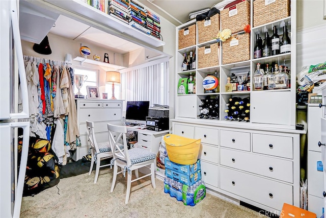 home office featuring light colored carpet