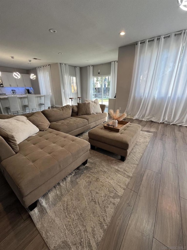 living room featuring wood-type flooring and a textured ceiling