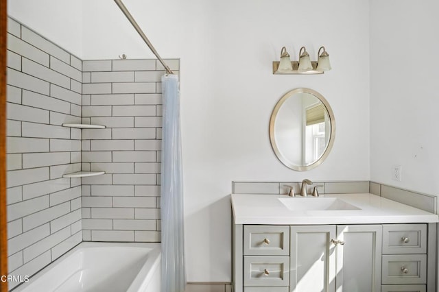 bathroom with vanity and shower / bath combination with curtain