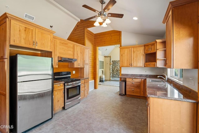 kitchen featuring ceiling fan, vaulted ceiling, sink, and stainless steel appliances