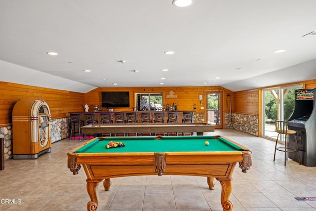 playroom featuring billiards, a healthy amount of sunlight, and vaulted ceiling