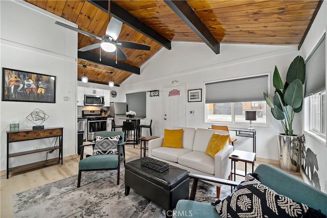 living room with light wood-type flooring, vaulted ceiling with beams, ceiling fan, and wooden ceiling