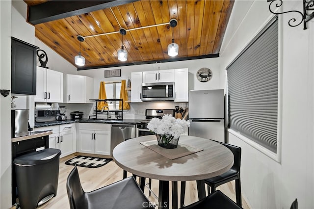 kitchen with hanging light fixtures, white cabinetry, stainless steel appliances, wooden ceiling, and vaulted ceiling