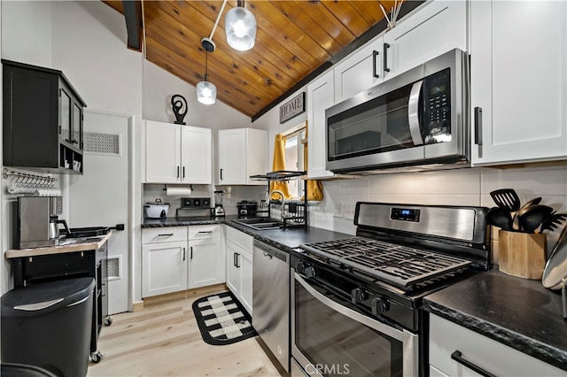 kitchen featuring sink, high vaulted ceiling, white cabinetry, appliances with stainless steel finishes, and light hardwood / wood-style floors