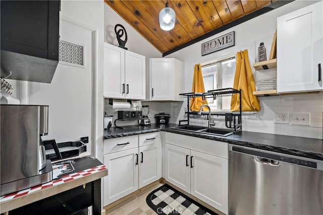 kitchen with white cabinets, lofted ceiling, wooden ceiling, and stainless steel dishwasher