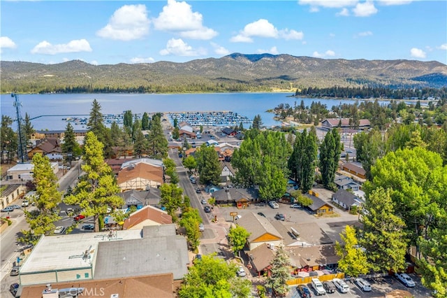 birds eye view of property with a water and mountain view