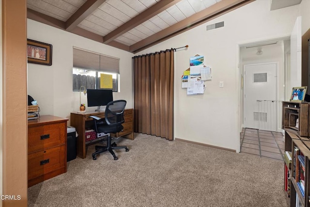 office space with wood ceiling, carpet, and vaulted ceiling with beams