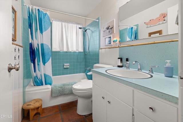 full bathroom featuring decorative backsplash, shower / tub combo, tile patterned floors, vanity, and toilet