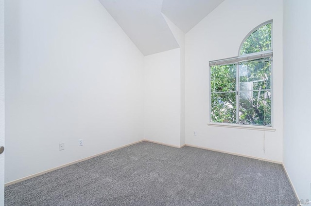 carpeted spare room with high vaulted ceiling