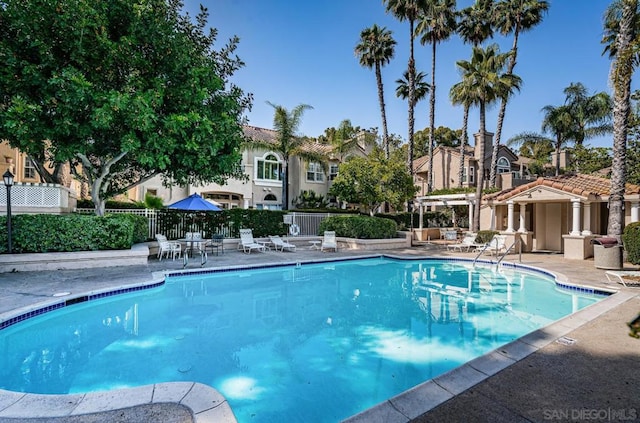 view of swimming pool with a patio