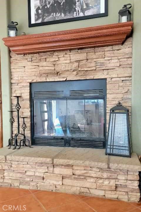 room details with a stone fireplace and tile patterned flooring